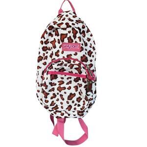 JanSport Mini Backpack Leopard Animal Print White Brown Pink Trim Zip Pocket
